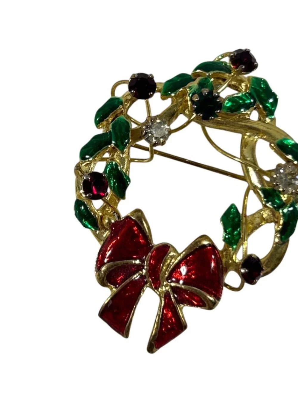 Vintage Christmas Wreath Brooch Red Bow Green Enamel Rhinestones Holiday Pin